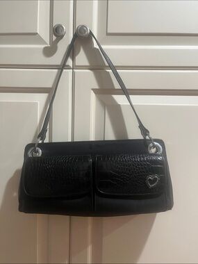 Brighton Black Shoulder Bag with Croc-Texture Pockets and Heart Charm